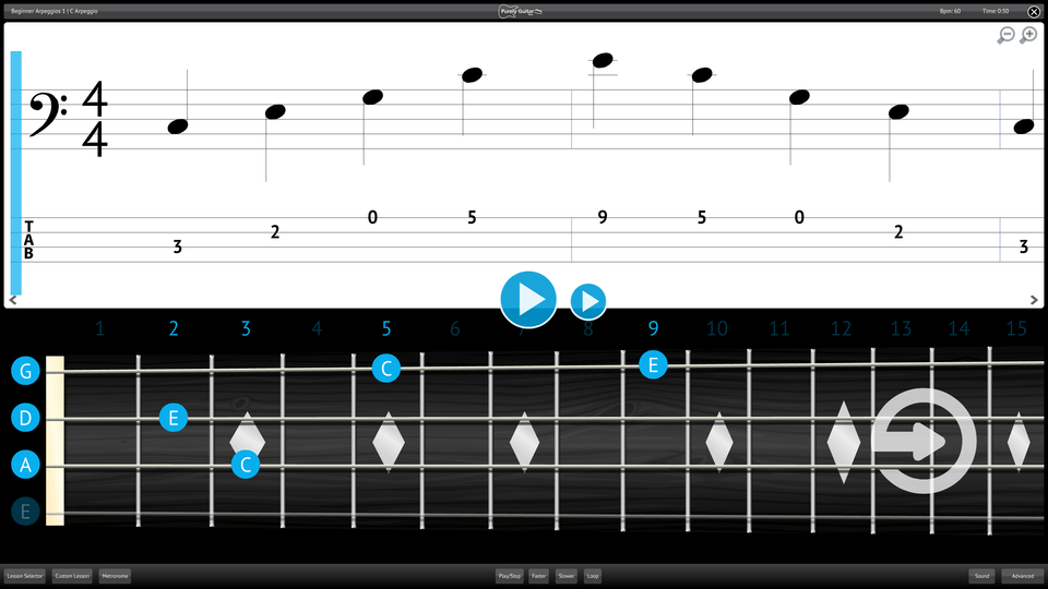 Purely Bass Guitar Screenshot Lesson Selector